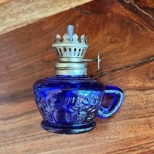 Vintage Cobalt Blue Glass Mini Oil Lamp 3 1/2"